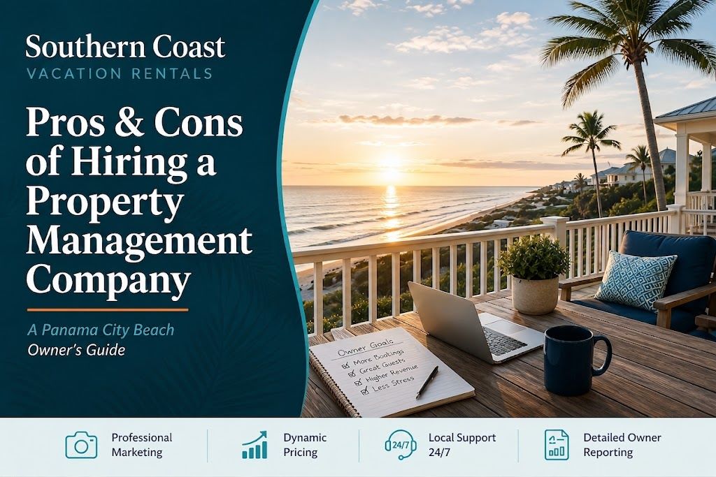 Southern Coast Vacation Rentals guide graphic about the pros and cons of hiring a Panama City Beach property management company