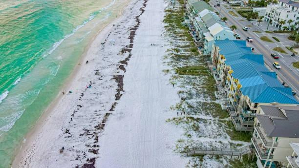 Aerial view of beachfront properties with direct Gulf access, perfect for Panama City Beach house rentals along the white sandy shoreline.